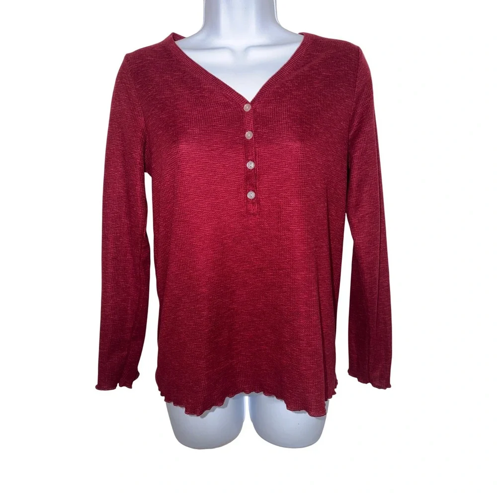Eddie Bauer Womens Red Waffle Knit Henley Sleepwear Pajama Top Long Sleeve Small